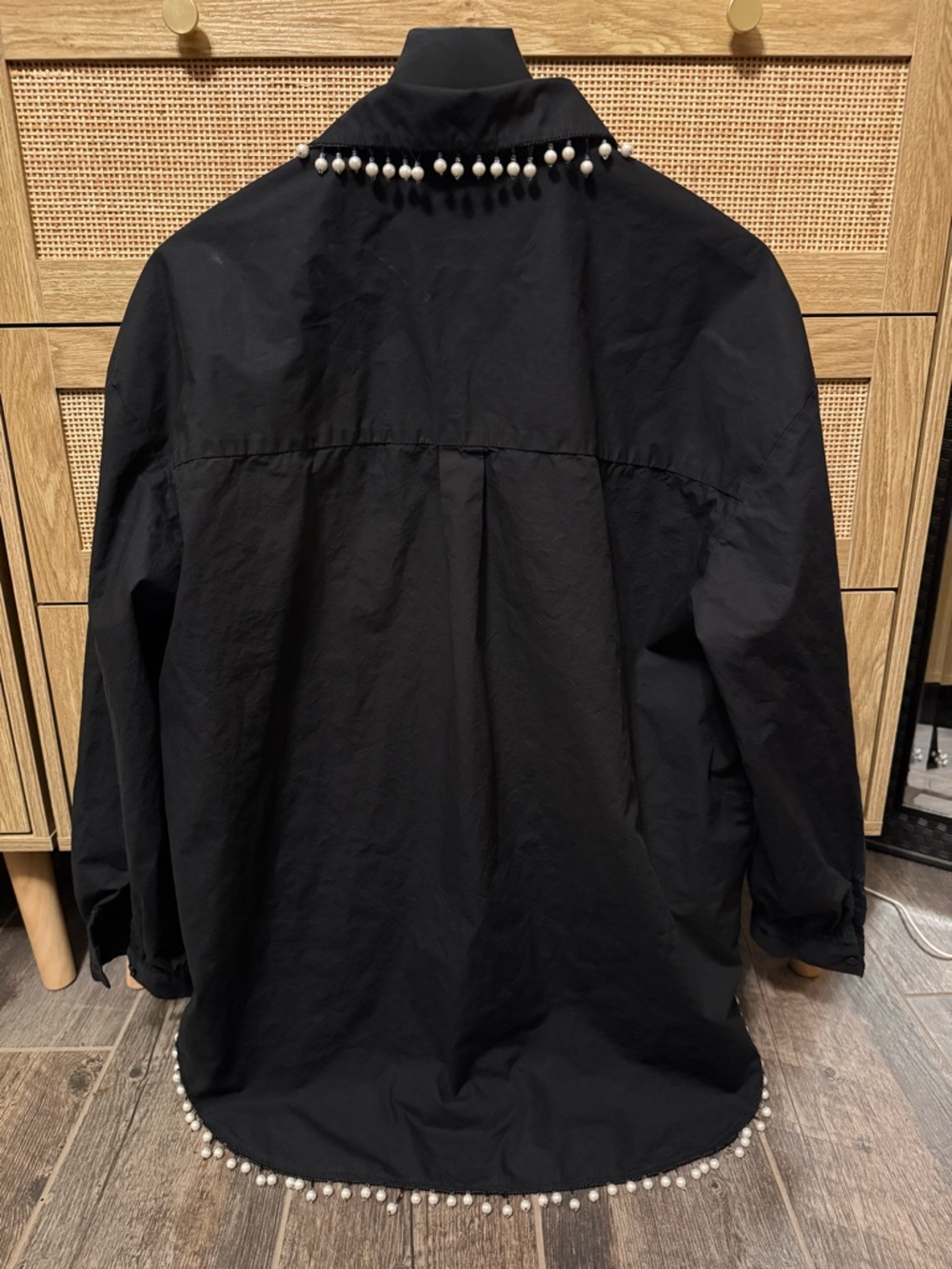 Black Button-Down Shirt with Pearl Trim - Picture 5 of 5